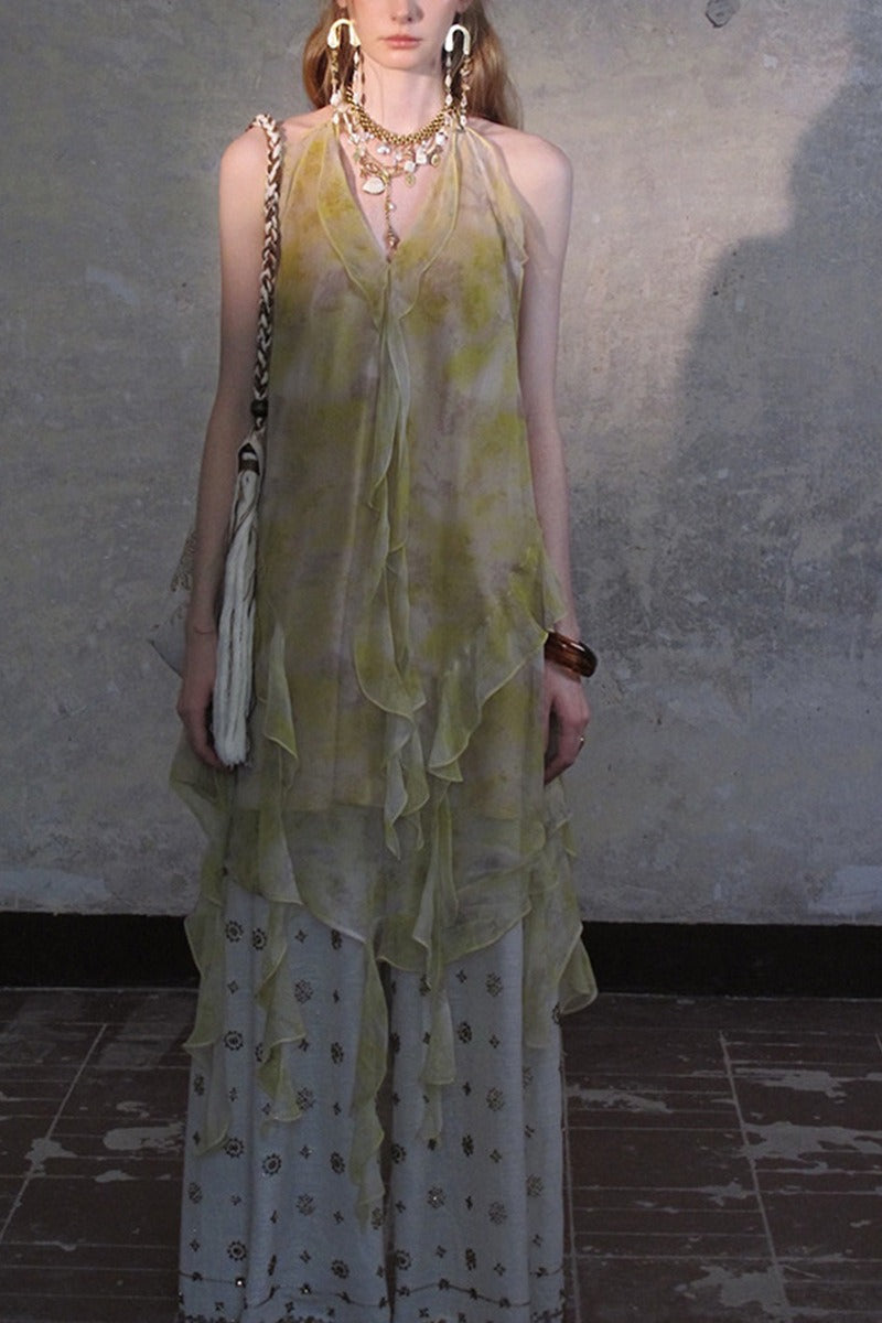 Vestido de Vacaciones Boho con Cuello V y Bajo con Volantes