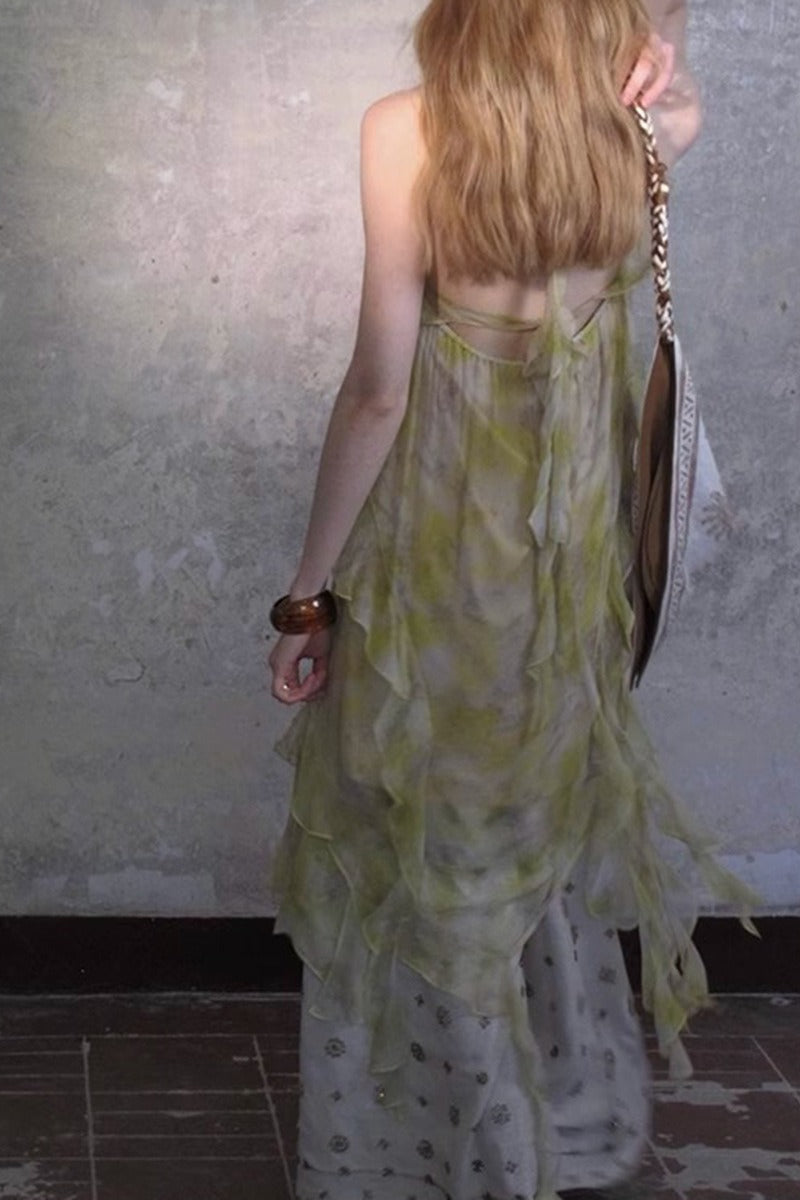 Vestido de Vacaciones Boho con Cuello V y Bajo con Volantes