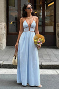 Vestido Halter de Vacaciones con Escote V Profundo y Rayas