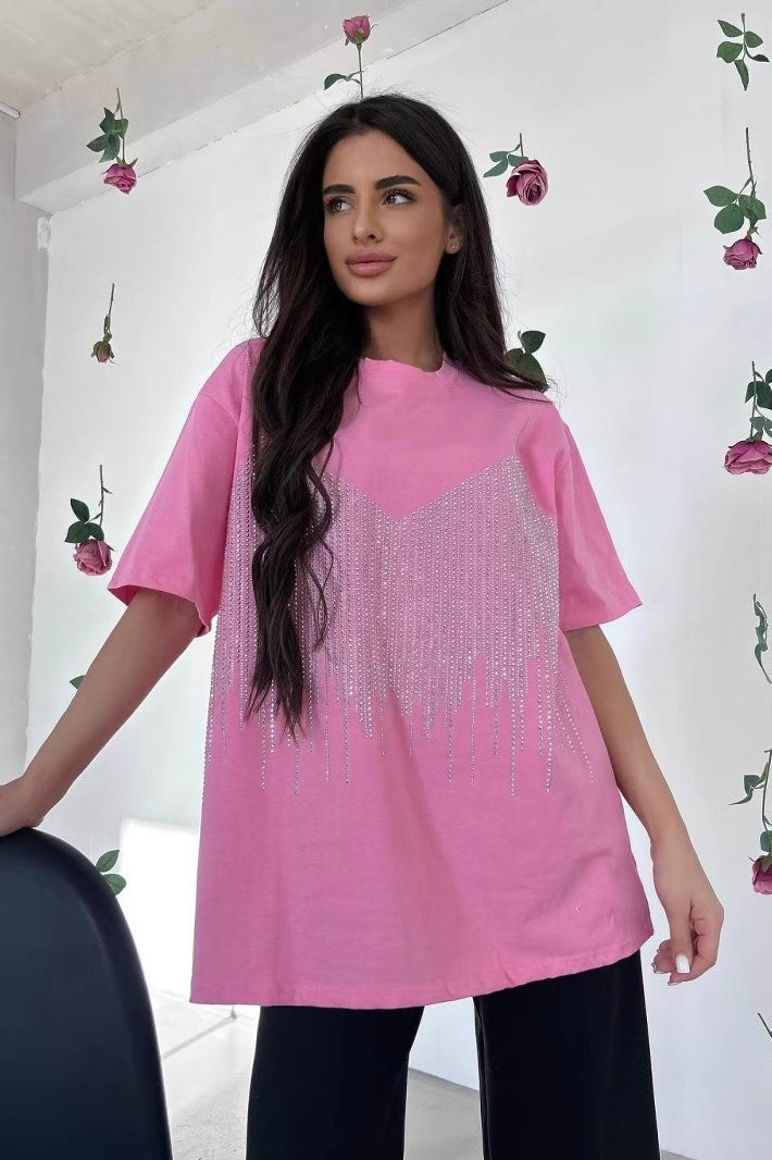 Camiseta de Algodón Pesado con Pedrería