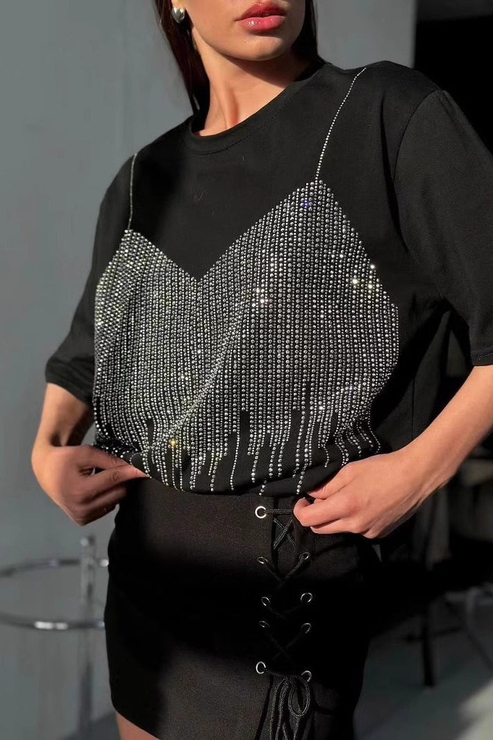 Camiseta de Algodón Pesado con Pedrería