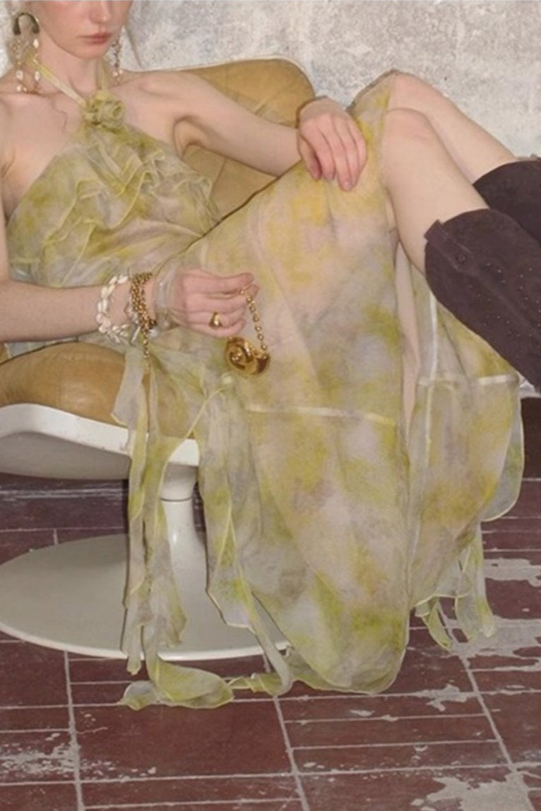 Vestido de Vacaciones Boho con Cuello V y Bajo con Volantes