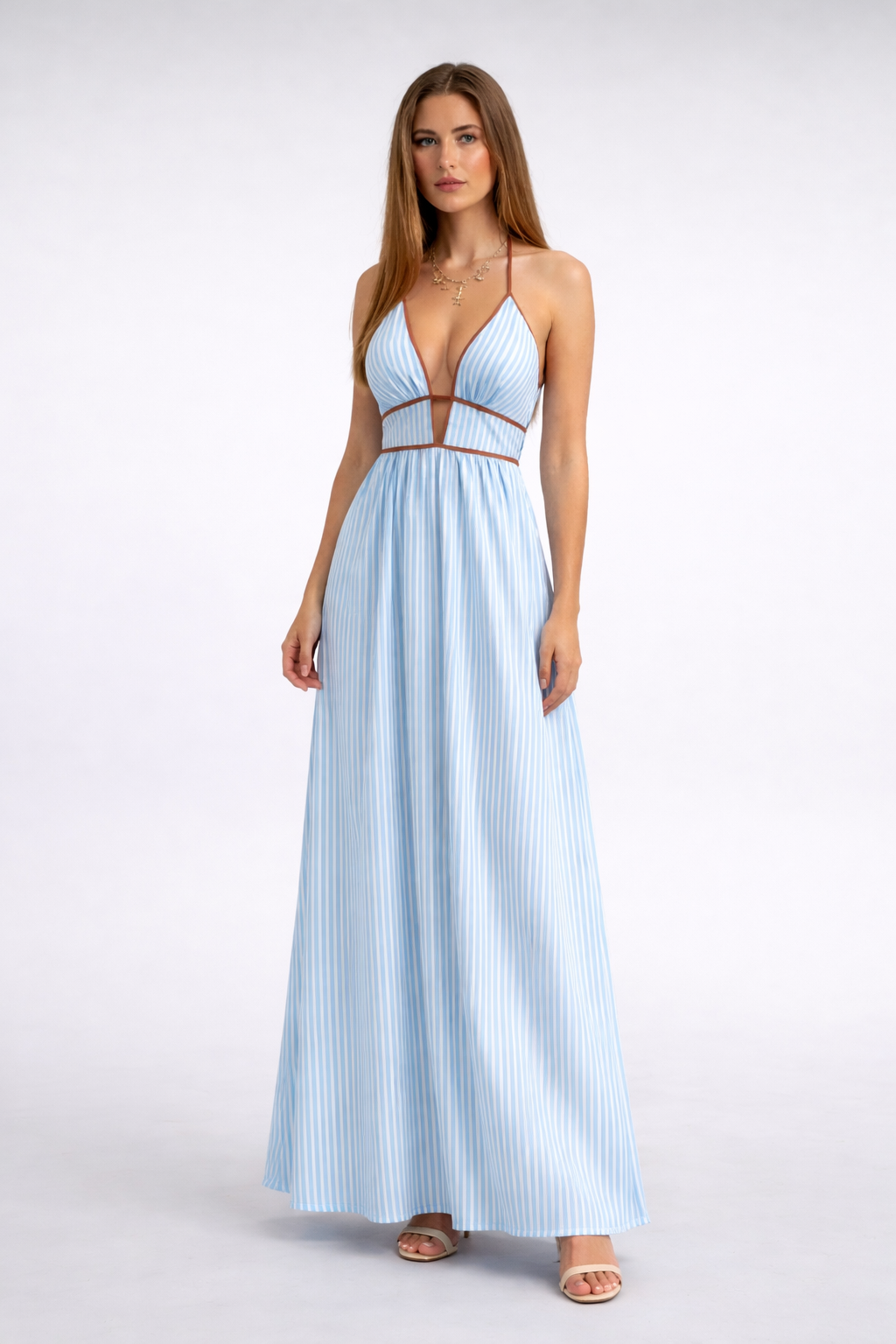 Vestido Halter de Vacaciones con Escote V Profundo y Rayas
