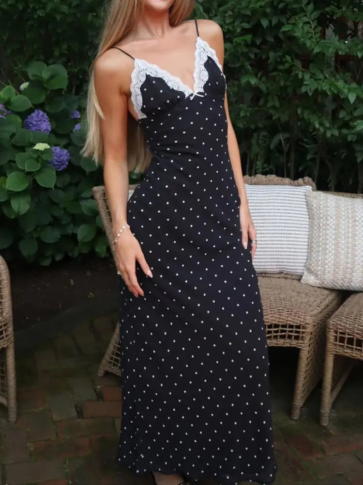 Vestido Largo Chic de Lunares con Cuello en V y Encaje Elegante
