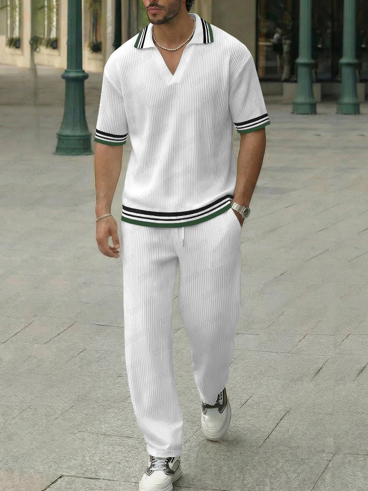 Conjunto Polo y Pantalón Casual Urbano con Ribete a Rayas