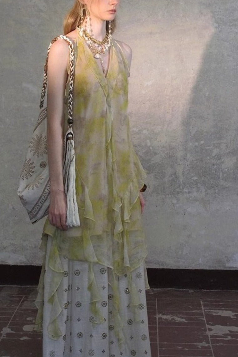 Vestido de Vacaciones Boho con Cuello V y Bajo con Volantes