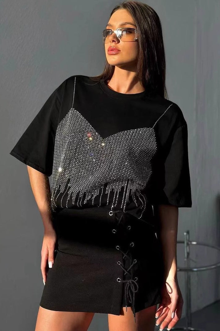 Camiseta de Algodón Pesado con Pedrería