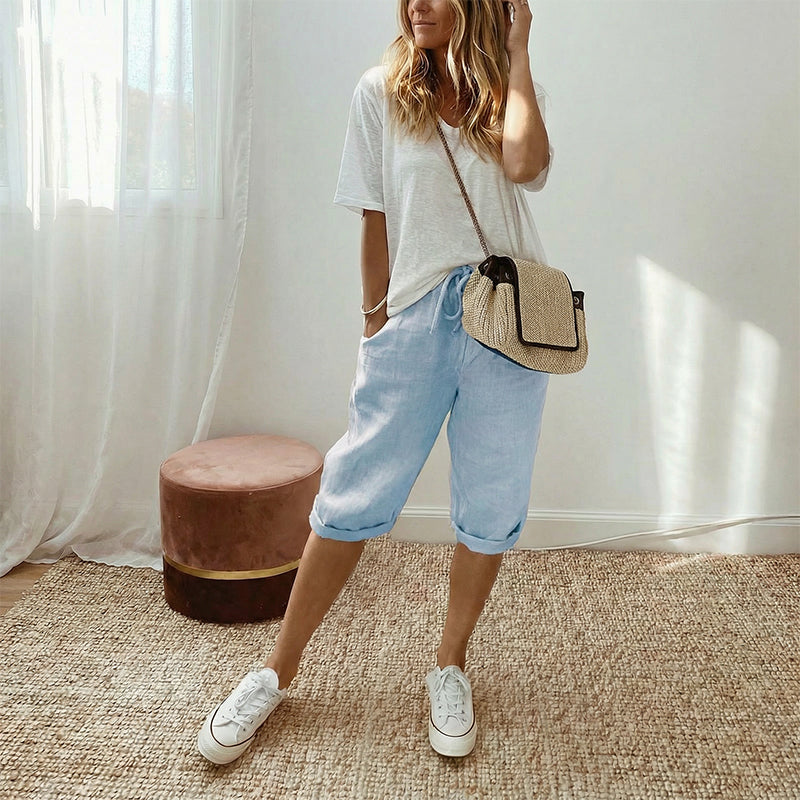 Pantalón Capri Casual de Algodón y Lino para Mujer